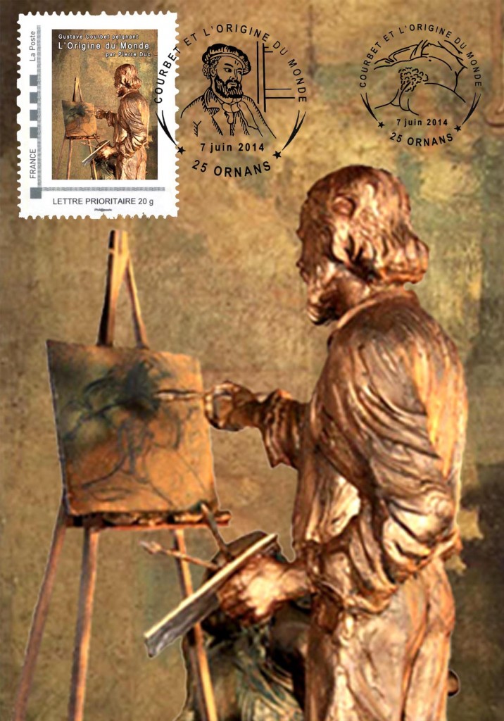 Carte Postale bronze du sculpteur Pierre Duc représentant Gustave Courbet peignant l’Origine du Monde